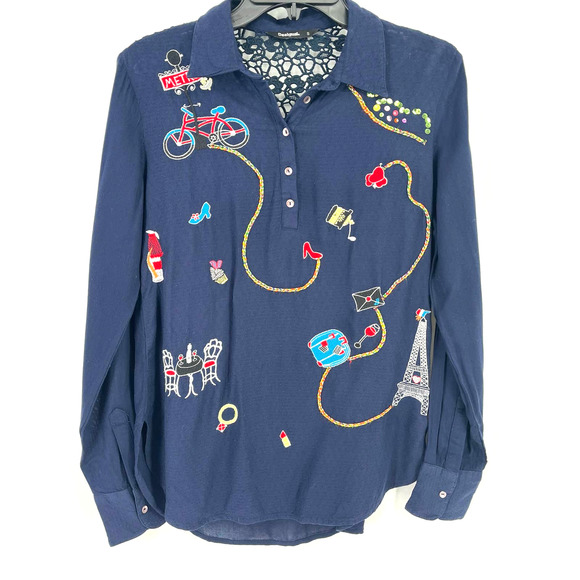 Desigual Tops - Desigual Paris France Embroidered Sequin Bike Blouse Shirt Womens Size Small